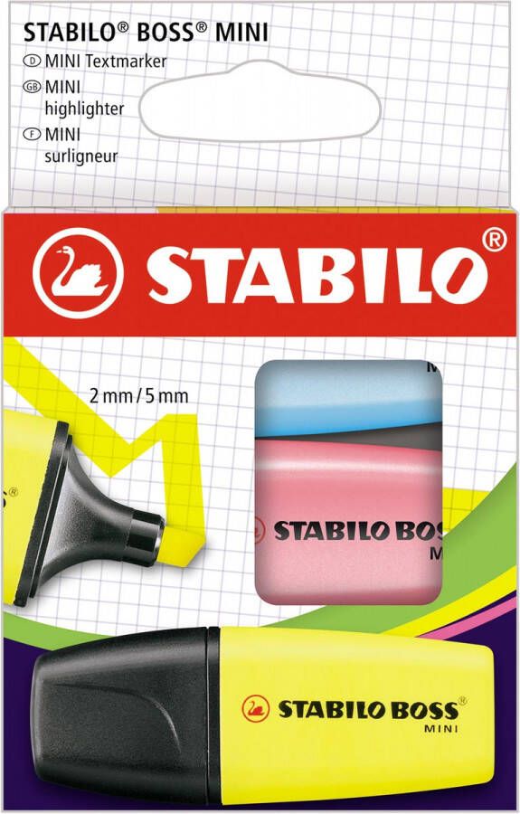 Stabilo BOSS MINI markeerstift etui van 3 stuks in geel roze en blauw
