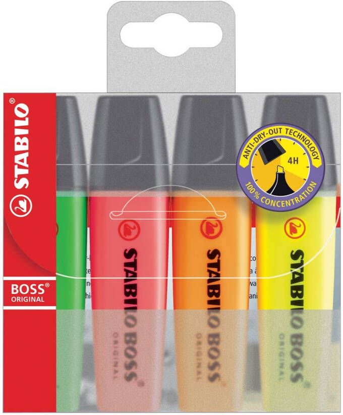 Stabilo BOSS ORIGINAL markeerstift etui van 4 stuks in geassorteerde kleuren
