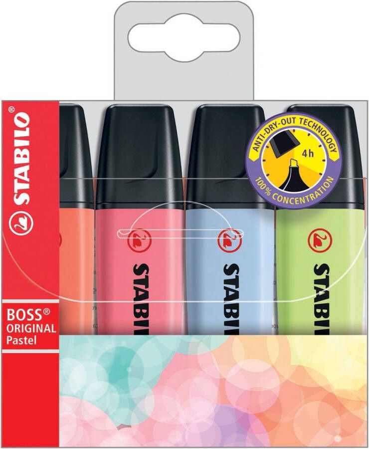 Stabilo BOSS ORIGINAL Pastel markeerstift etui van 4 stuks in geassorteerde kleuren