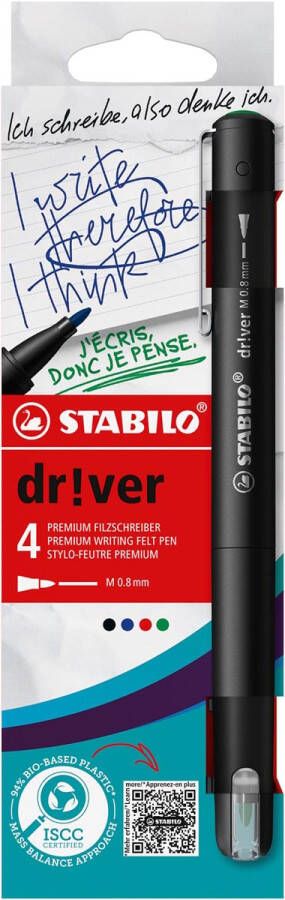 Stabilo dr!ver fineliner medium punt geassorteerde kleuren blister van 4 stuks