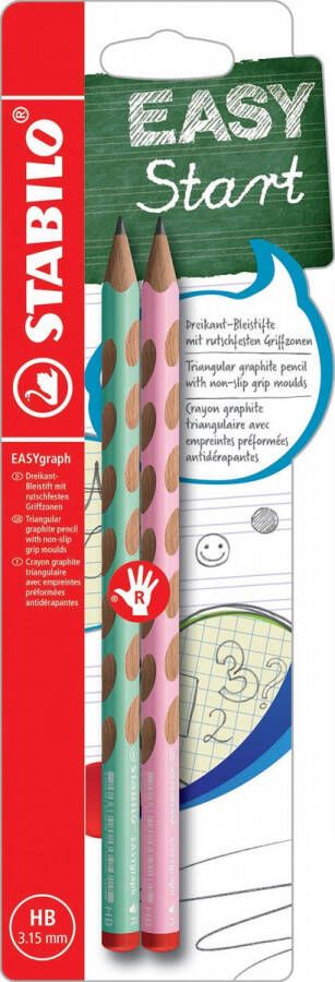 Stabilo EASYgraph S Pastel potlood HB 3 15 mm blister van 2 stuks voor rechtshandigen groen en roze