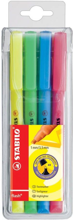 Stabilo flash markeerstift etui van 4 stuks in geassorteerde kleuren
