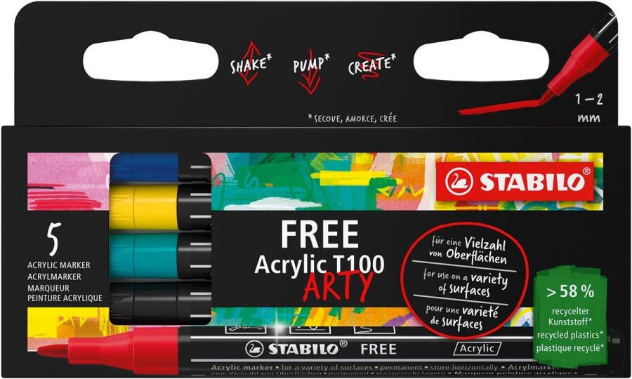 Stabilo free acrylmarker T100 Royal ronde punt 1-2 mm geassorteerde kleuren pak van 5 stuks