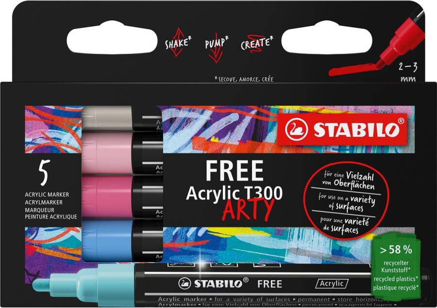 Stabilo Free acrylmarker T300 Candy ronde punt 2-3 mm geassorteerde kleuren pak van 5 stuks