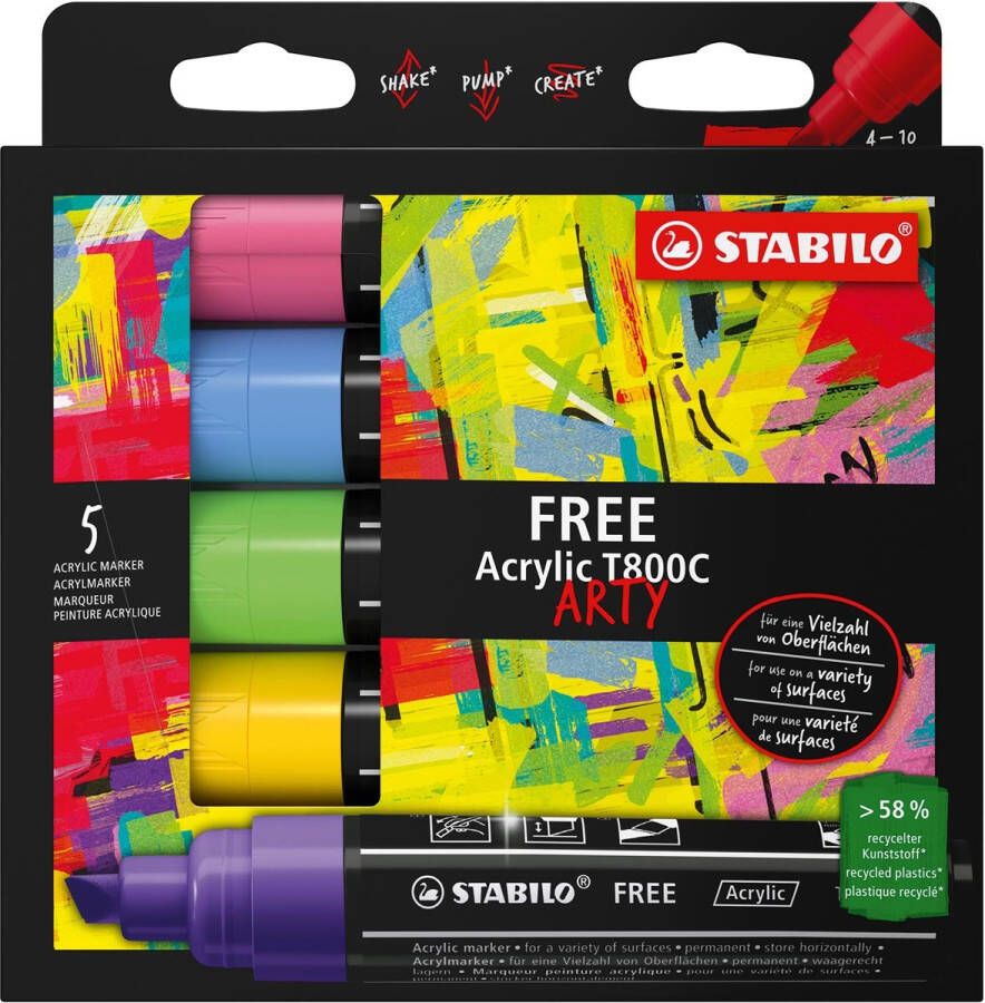 Stabilo free acrylmarker T800 Seaside schuine punt 4-10 mm geassorteerde kleuren pak van 5 stuks