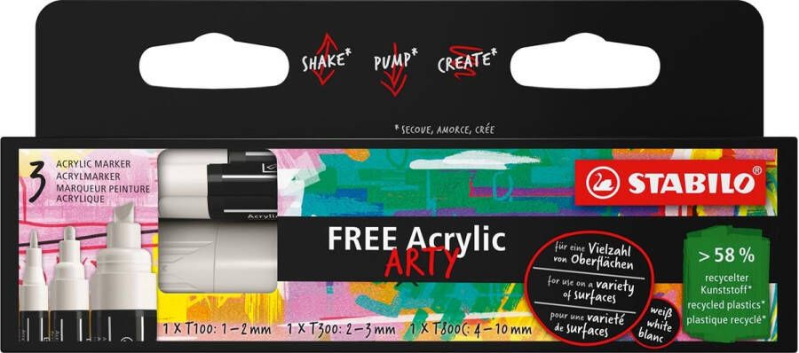 Stabilo free acrylmarker verschillende formaten wit pak van 3 stuks