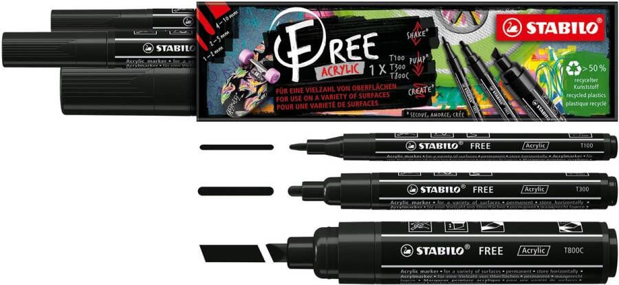 Stabilo free acrylmarker verschillende formaten zwart pak van 3 stuks