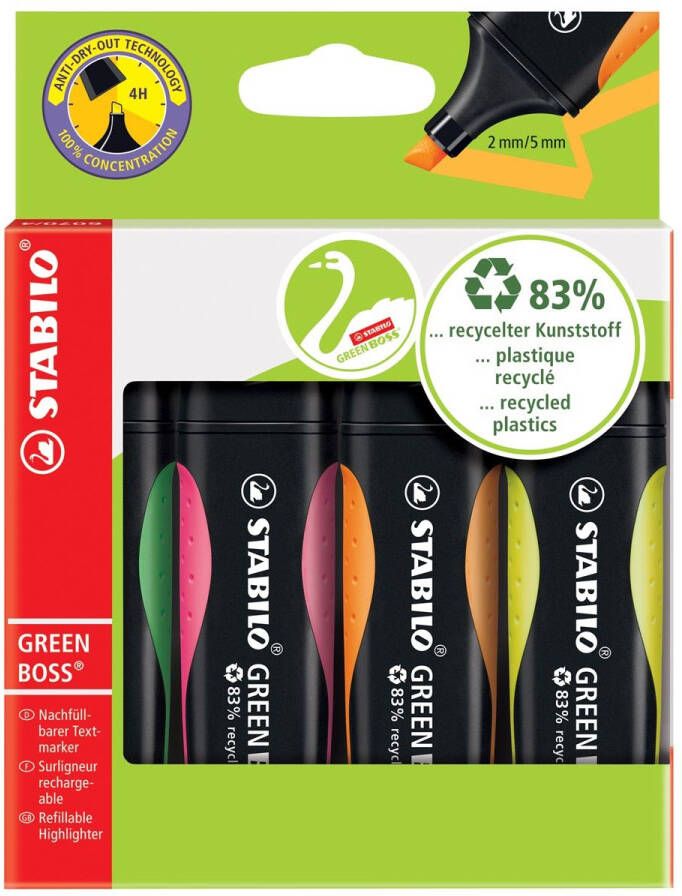 Stabilo GREENBOSS markeerstift blister van 4 stuks in geassorteerde kleuren