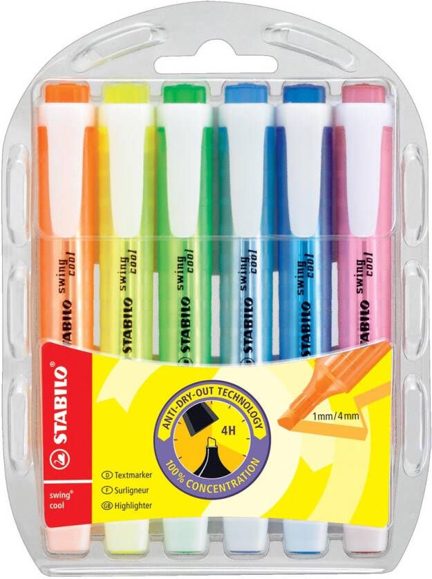 Stabilo markeerstift Swing Cool blister van 6 stuks in geassorteerde kleuren