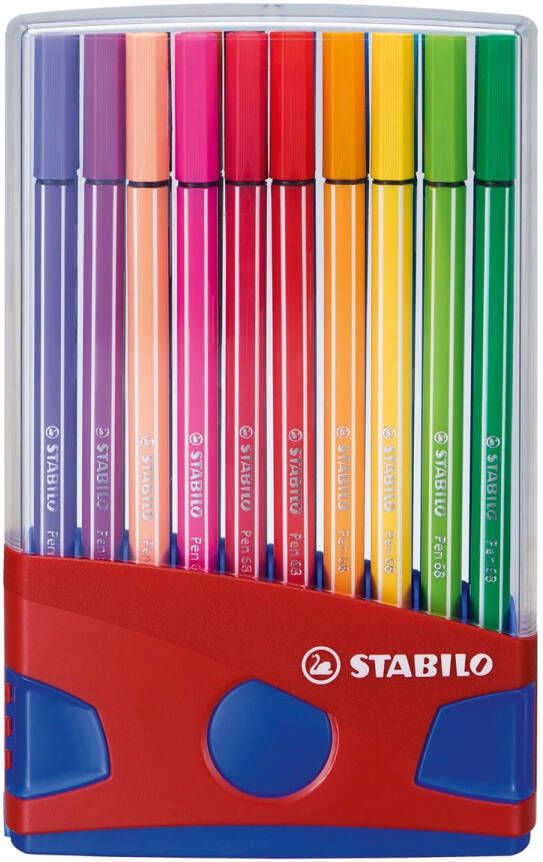 Stabilo Viltstift Pen 68 20 ColorParade in rood blauw etui medium assorti etuià 20 stuks