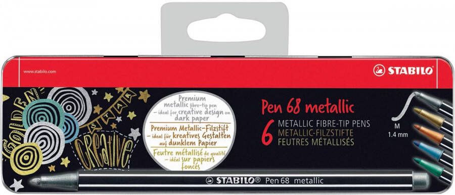 Stabilo Pen 68 metallic viltstift 6 kleuren metalen doos van 6 stuks