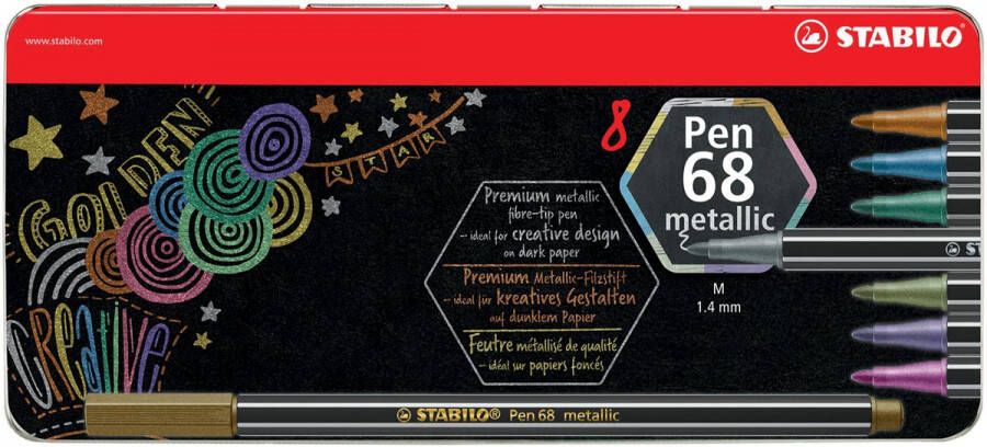 Stabilo Pen 68 metallic viltstift 8 kleuren metalen doos van 8 stuks