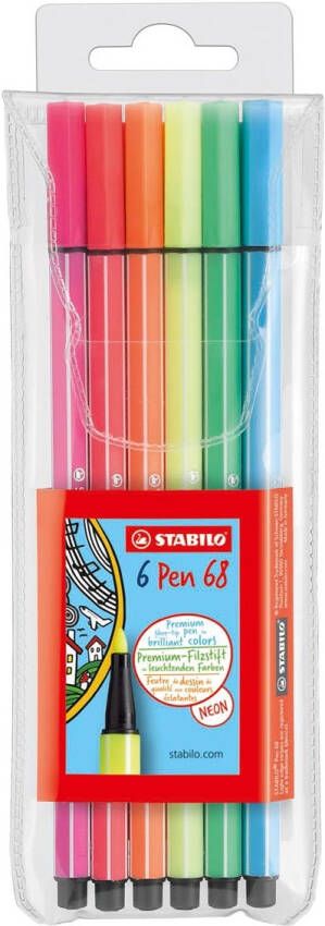 Stabilo Pen 68 Neon etui van 6 stiften in geassorteerde kleuren
