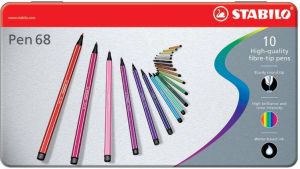 Stabilo Pen 68 viltstift metalen doos van 10 stiften in geassorteerde kleuren
