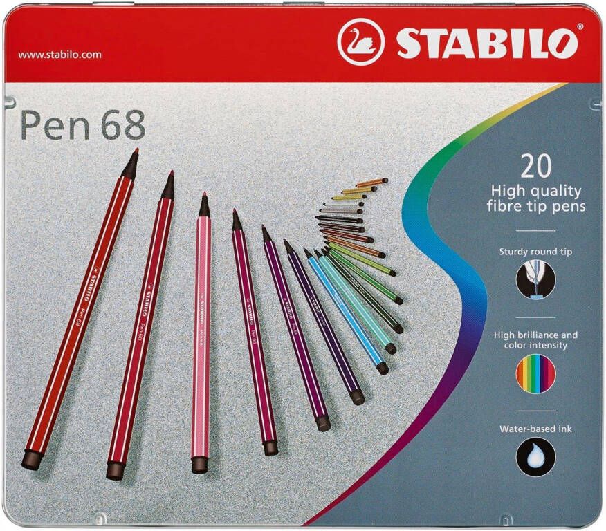 Stabilo Pen 68 viltstift metalen doos van 20 stiften in geassorteerde kleuren