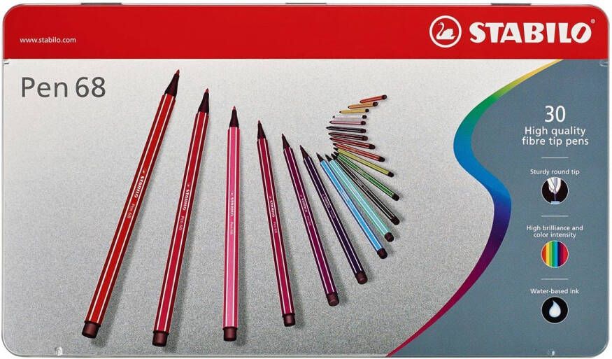 Stabilo Pen 68 viltstift metalen doos van 30 stiften in geassorteerde kleuren