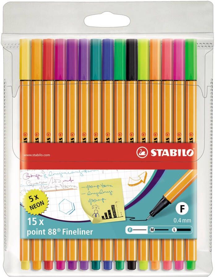 Stabilo point 88 fineliner etui van 15 stuks in geassorteerde kleuren