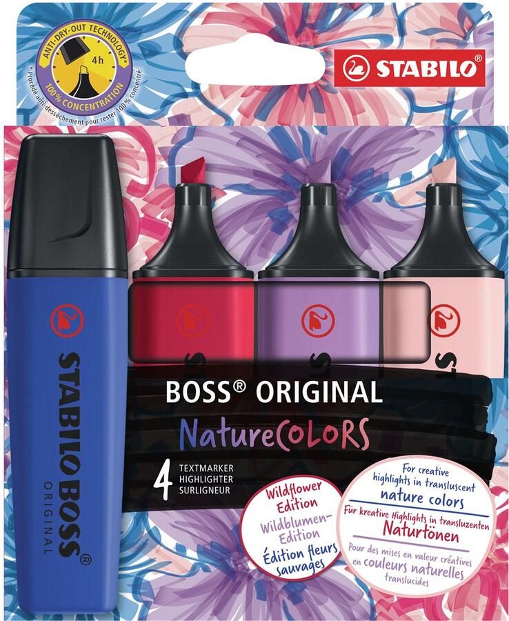Stabilo BOSS ORIGINAL NatureCOLORS Wildflower markeerstift etui van 4 stuks assorti