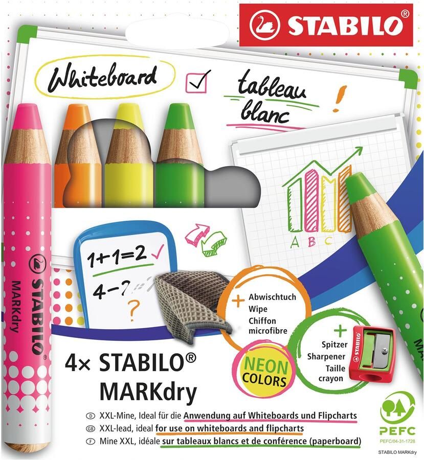 Stabilo MARKdry potlood voor whiteboards etui van 4 stuks in geassorteerde neon kleuren