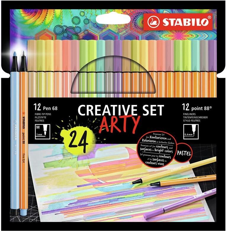 Stabilo Pen 68 viltstift + Point 88 fineliner ARTY etui van 24 stuks assorti - Foto 1