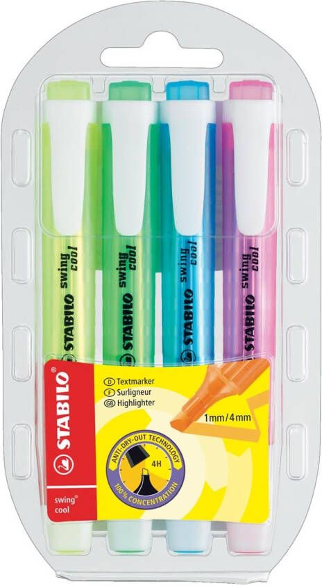 Stabilo swing cool markeerstift blister van 4 stuks in geassorteerde kleuren