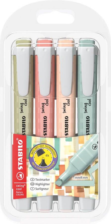 Stabilo SWING COOL naturecolor markeerstift geassorteerde kleuren blister van 4 stuks