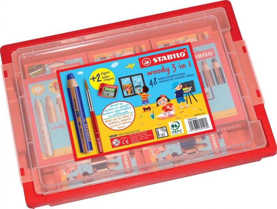 Stabilo woody 3in1 kleurpotlood classpack van 48 stuks assorti + 2 slijpers