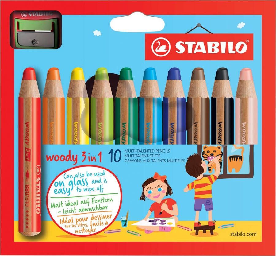 Stabilo woody 3in1 kleurpotlood etui van 10 stuks in geassorteerde kleuren