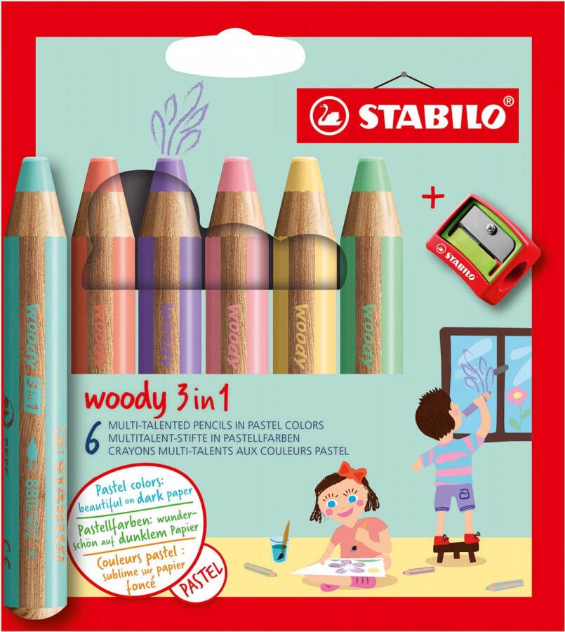 Stabilo woody 3in1 kleurpotlood etui van 6 stuks in pastel kleuren