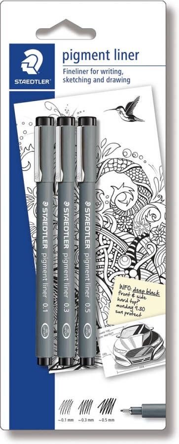Staedtler fineliner Pigment Liner blister van 3 stuks: 0 1; 0 3 en 0 5 mm