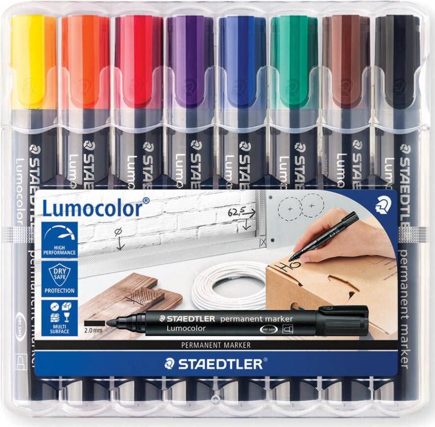 Staedtler Lumocolor 352 permanent marker ronde punt 2 mm etui van 8 stuks in geassorteerde kleuren