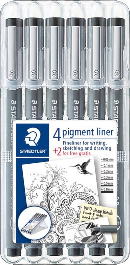 Staedtler pigment liner fineliner ronde punt verschillende schrijfbreedtes etui van 4 + 2 zwart