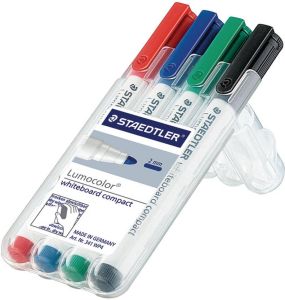 Staedtler whiteboardmarker Lumocolor Compact opstelbare box met 4 stuks in geassorteerde kleuren