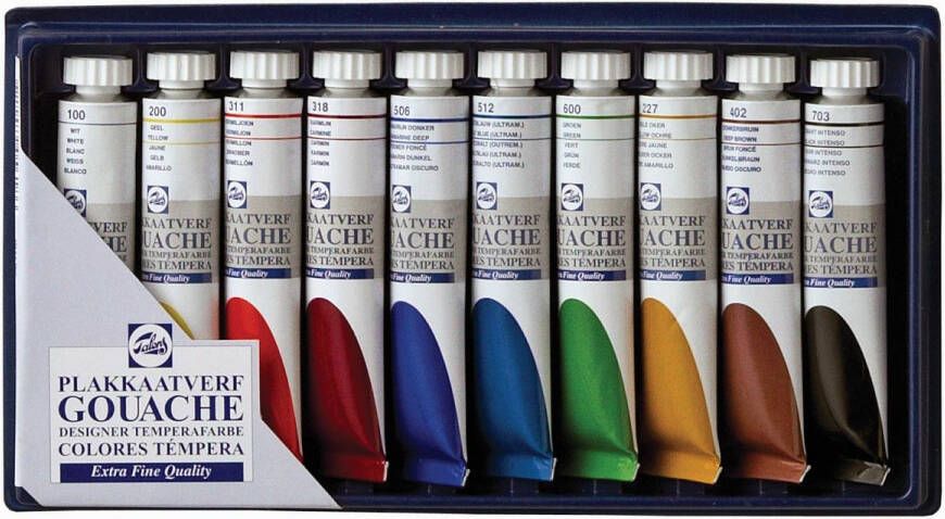 Talens plakkaatverf Extra Fijn tube van 20 ml doos met 10 tubes in geassorteerde kleuren