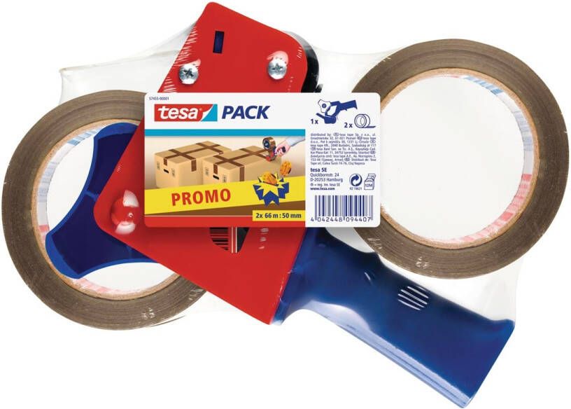 Tesa afroller voor verpakkingsplakband van maximum 50 mm inclusief 2 rollen PP tape ft 50 mm x 66 m