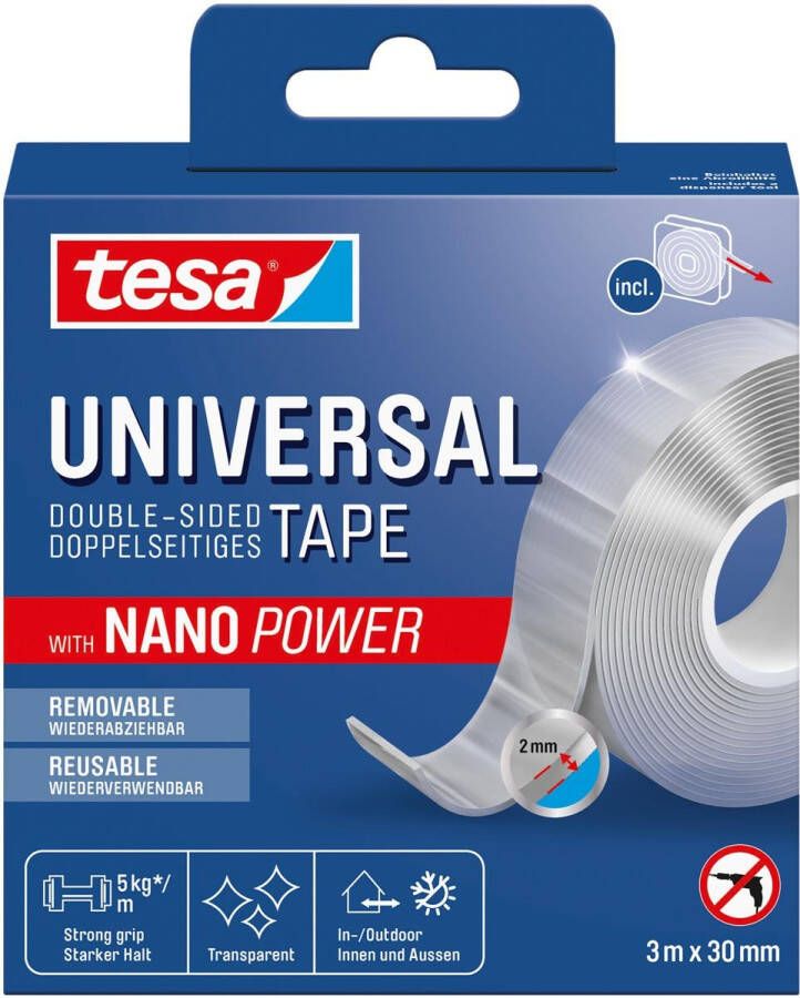 Tesa dubbelzijdige tape Nano Power ft 3 m x 30 mm transparant