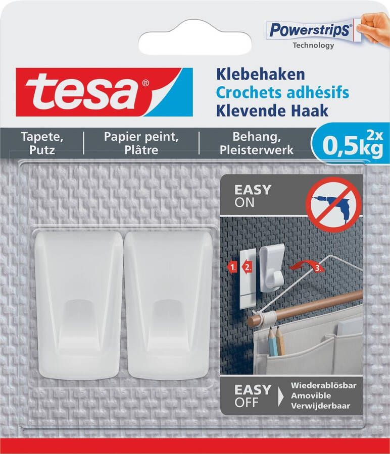 Tesa Klevende Haak draagkracht 0 5 kg behang en pleisterwerk wit 2 haken en 3 strips