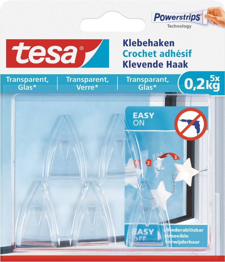 Tesa klevende Haak voor Transparant en Glas draagvermogen 200 g blister van 5 stuks