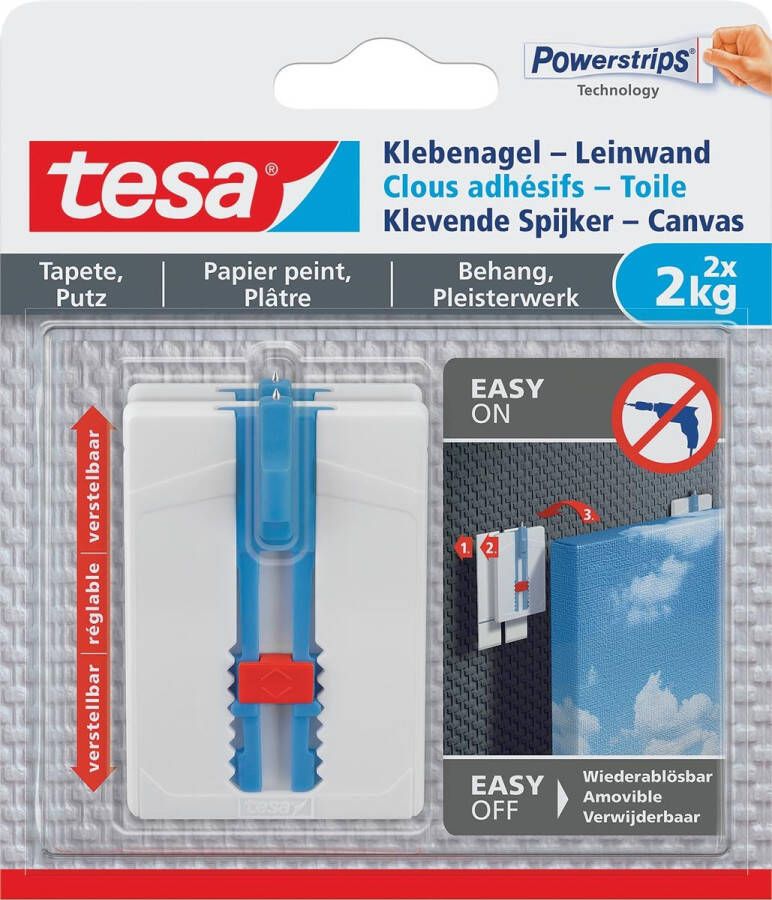 Tesa Klevende Spijker Canvas draagkracht 2 kg behang en pleisterwerk wit 2 spijkers en 6 strips