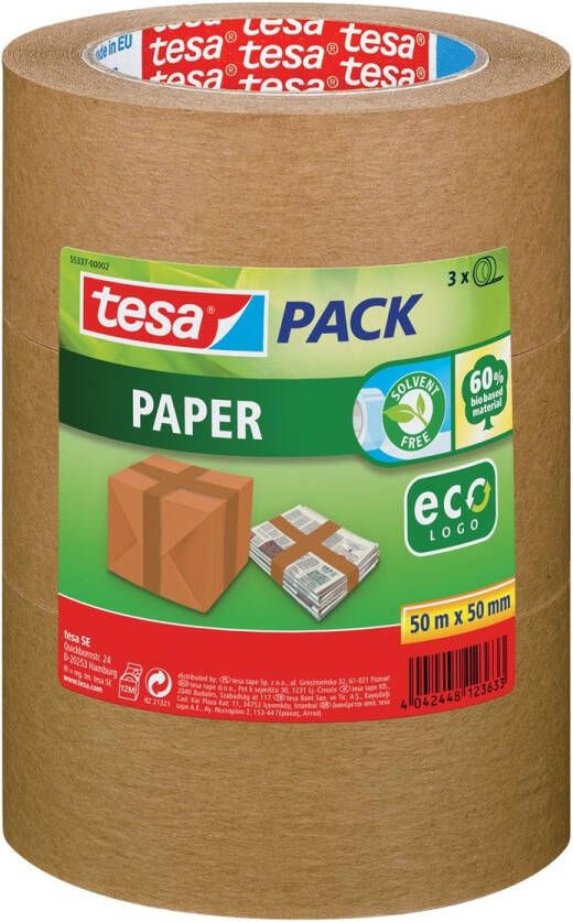 Tesa pack paper ecoLogo ft 50 mm x 50 m bruin pak van 3 stuks