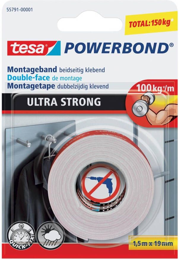 Tesa Powerbond montagetape Ultra Strong dubbelzijdig ft 19 mm x 1 5 m wit op blister