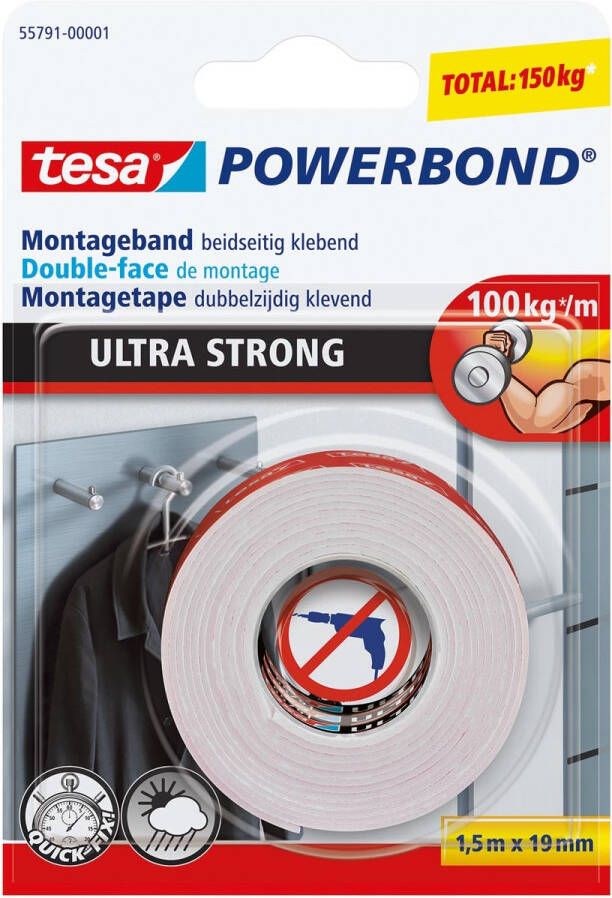 Tesa Powerbond montagetape Ultra strong dubbelzijdig ft 19 mm x 5 m wit op blister