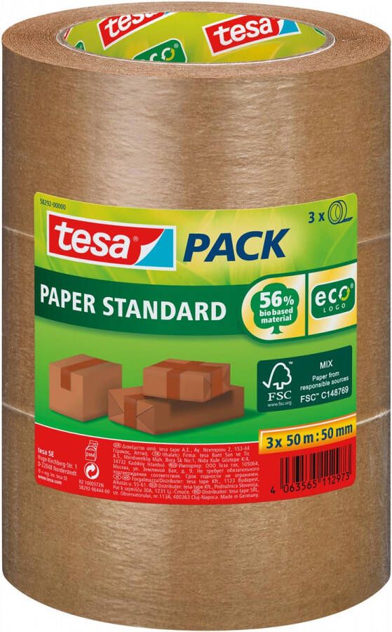 Tesa verpakkingsplakband Paper Standard ft 50 mm x 50 m pak van 3 stuks
