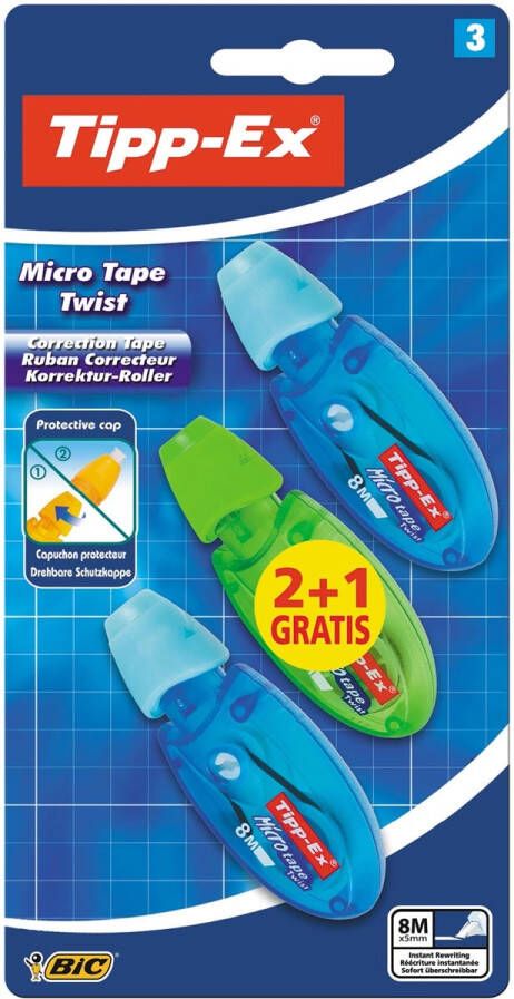 Tipp-ex correctieoller Micro Tape Twist blauw en groen blister 2+1 gratis