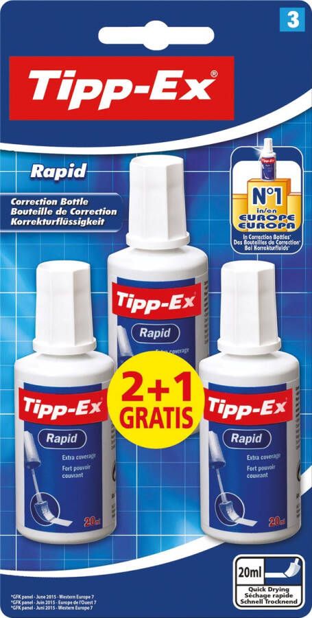 Tipp-ex correctievloeistof Rapid blister van 3 stuks (2 + 1 gratis)