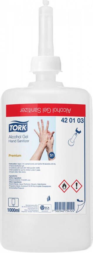 Tork Alcohol gel S1 voor handdesinfectie ongeparfumeerd 1000ml 420103