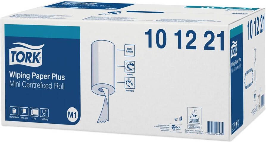 Tork Poetspapier Wiping plus minirol M1 2 laags centerfeed 74 9m wit 101221