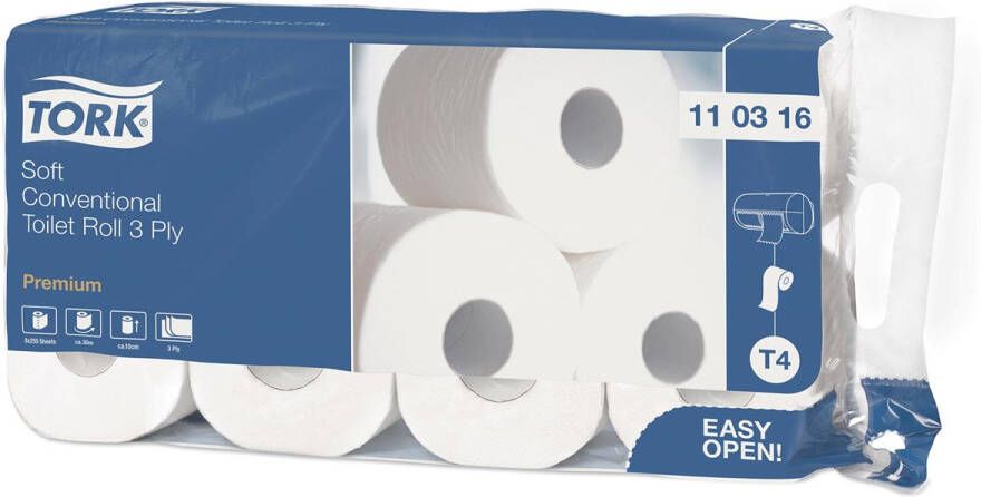Tork Premium toiletpapier extra soft 3-laags 250 vellen systeem T4 wit pak van 8 rollen