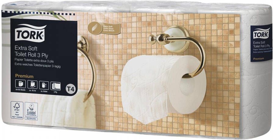 Tork Toiletpapier Extra Soft 3-laags Wit 155 Vel voor systeem T4 pak van 8 rollen