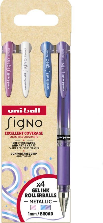 Uni-ball roller Signo Broad Creative brede punt etui van 4 stuks: roze wit blauw paars